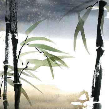 Watercolor illustration of bamboo with leaves and watersplashes on white background. Oriental traditional painting, sumi-e.