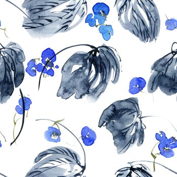 Watercolor seamless pattern of blue flowers and leaves. Oriental traditional painting in style sumi-e, u-sin and gohua.