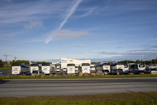 Reykjavik, Iceland, July 2019: BSI bus terminal, Reykjavik Excursions and flybus parking lot