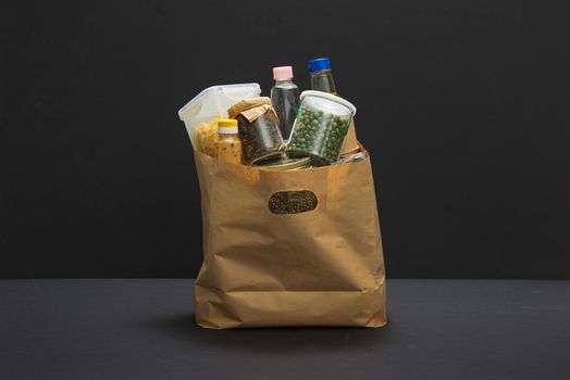 A donation bag, filled with food out for delivery during the Covid-19 / Coronavirus Pandemic