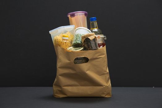 A donation bag, filled with food out for delivery during the Covid-19 / Coronavirus Pandemic