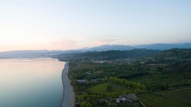 Aerial view of the seascape at sunset.