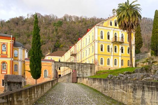 Landscape with a view of the ancient New Athos Monastery, Abkhazia.