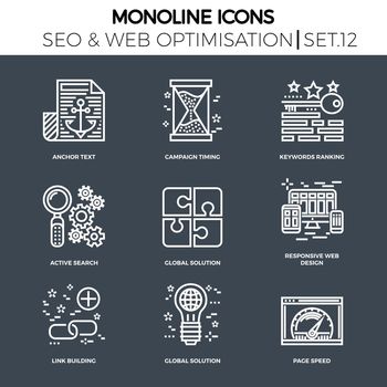 Line icons set with flat design of search engine optimization. Anchor text, campaign timing, keywords ranking, active search, global solution, responsive web design, link building, page speed.