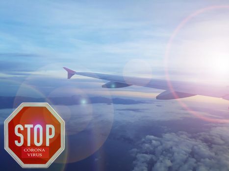 Stop sign at flying infected China plane. Stop the spread of the coronavirus from all planes.  Medical insurance for travel.