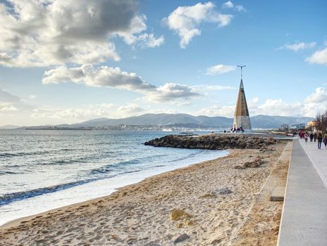 Obelisco La Gaviota, symbol of seaside promenade along beach, Palma de Mallorca. 26th of January 2020