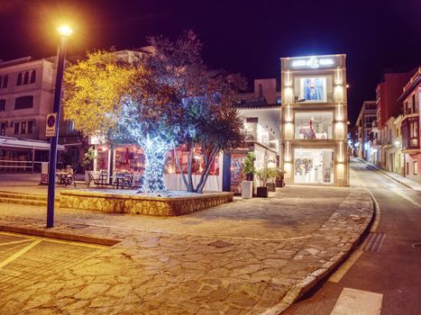 Old town of Port d Andratx. Evening walk in shinning histirical part of port town. 