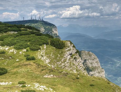 Landscape with mountain trail, summer trip in Alps  in Italy