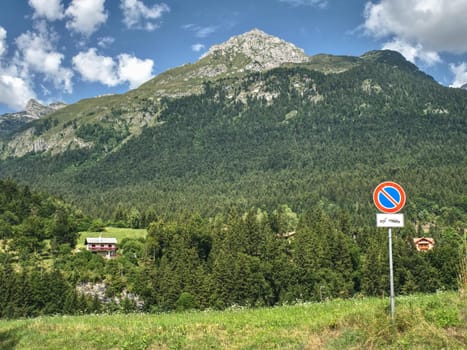 Beutiful summer Alps mountains, clouds above peaks and forest in foreground,