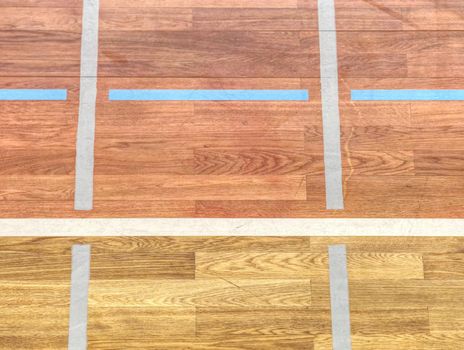 White line in hall playground. Renewal wooden floor. Colour Wooden floor for building materials , horizontal line 