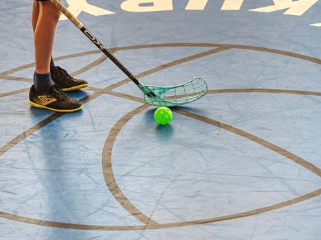 March 12th 2019, Floorball Fat Pipe Open Junior 2019,  Zakupy, Czech Republic.  Player in the bully area. Man playing floor hockey on court.