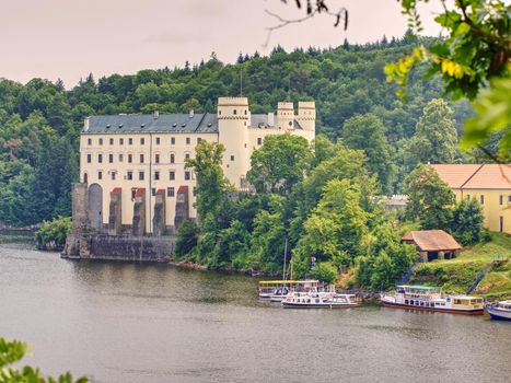 Monumental medieval gothic Orlik castle above Orlik dam on Moldau river, South Bohemia, Czech republic