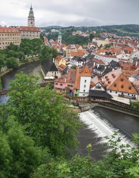 Beautiful view at the Castle Tower of the old bohemian little town Czech Krumlov (Cesky Krumlov). 14th of July 2019,  Czech Republic