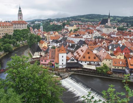 Tower of castle and rooftops in old town of Cesky Krumlov, Czech Republic