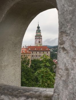 Tower of castle and rooftops in old town of Cesky Krumlov, Czech Republic