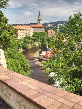View of Cesky Krumlov Castle from promenade to castel garden. 14th of July 2019 Cesky Krumlov Castle in Cesky Krumlov town, Czech Republic.  