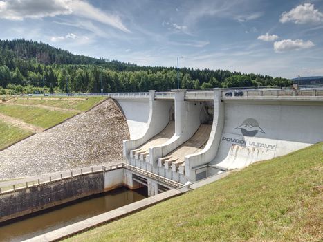 Dam on Lipno lake. 17th of July 2019, Czech Republic. The main weir on popular dam on Vltava river.  Povodi Vltavy - Vltava catchment basin