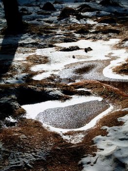 Frozen pools and hoarfrost  grass on the mountain. Frozen grass and boulders bellow trees