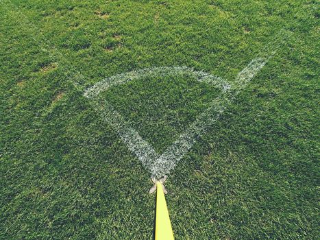 Football field corner detail with white marks and flag stick