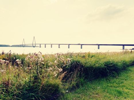The famous Farø Bridge  in Denmark (Danish: Farøbroerne). The two road bridge connect the islands of Falster and Zealand, view from Farø island.