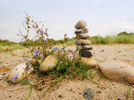 Stacked stones in pyramid on the grass. Coastline in summer