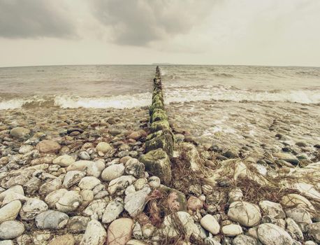 Wooden breakwaters on a shore of the Baltic Sea with a sun hidden in low clouds. Smooth water level after storm.