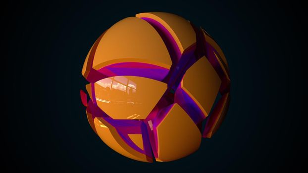 Damaged 3d render ball with cracked geometric fragments. Broken futuristic planet from underground tectonic explosion. Brittle ceramic shell scattering from impact