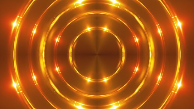 3d render of gold fractal lights with shining effects. Computer generated abstract background of flickering rings.
