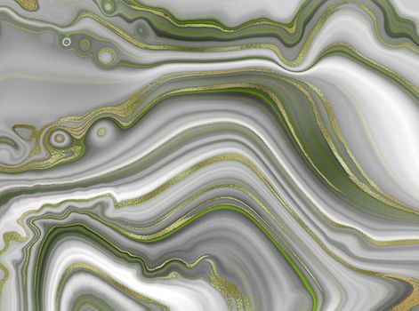 Agate marble effect abstract background, gold stripes texture. Pastel green grey liquid marble canvas abstract design with gold splash. Illustration