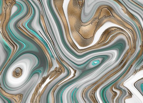 Liquid marble agate, abstract white grey green turquoise marble agate granite, golden veins, kintsugi technique, abstract fluid stone texture, marbled surface, digital marbling. Illustration