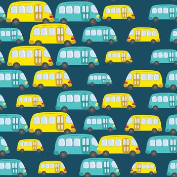 Seamless pattern with cute bus, car on blue background. Cartoot transport. Vector illustration. Doodle style. Design for baby print, invitation, poster, card, fabric, textile.