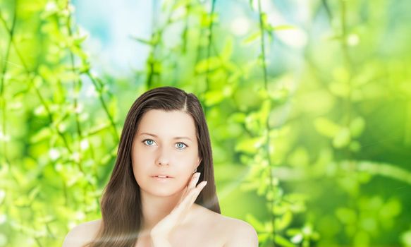 Beauty portrait of young woman for natural skincare and cosmetic brand, spring nature on background as wellness, health and organic beauty concept.