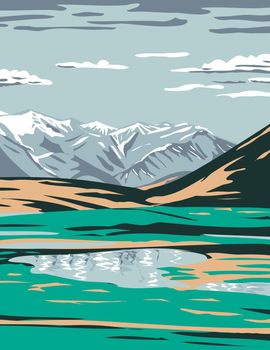 WPA Poster Art of the Brooks Range from near Galbraith Lake located in the North Slope Borough of Alaska, United States done in works project administration style  or federal art project style.