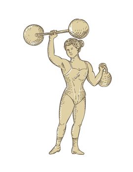 Vintage etching engraving handmade style illustration of a female strongman or circus strongwoman performer lifting barbell on one hand and kettlebell on the other hand on isolated white background.