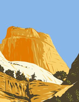 WPA Poster Art of the Golden Throne rock formation dome mountain in Capitol Reef National Park in Wayne County, Utah done in works project administration style or federal art project style.