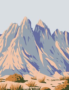 WPA Poster Art of Organ Mountains-Desert Peaks National Monument located in Mesilla Valley in the state of New Mexico done in works project administration style or federal art project style.