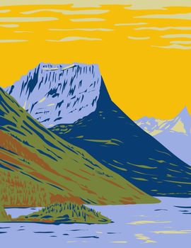 WPA Poster Art of the Waterton-Glacier International Peace Park, the union of Waterton Lakes National Park in Canada and Glacier National Park in the USA done in works project administration style.