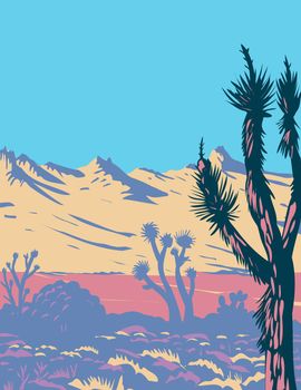 WPA Poster Art of the Castle Mountains range and Joshua tree in the Mojave Desert within Castle Mountains National Monument San Bernardino County California done in works project administration style.