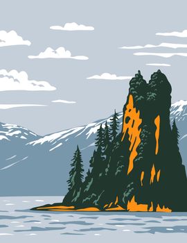WPA Poster Art of the New Eddystone Rock located in Misty Fjords National Monument part of the Tongass National Forest in Ketchikan, Alaska done in works project administration style.