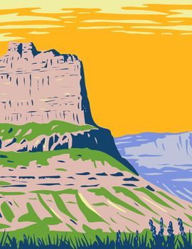 WPA Poster Art of the Scotts Bluff National Monument located near the City of Gering in Nebraska along the North Platte River done in works project administration style or federal art project style.