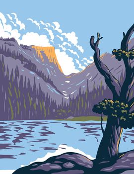 WPA Poster Art of Loch Lake in Rocky Mountain National Park within Front Range of Rocky Mountains located in northern Colorado done in works project administration style or federal art project style.