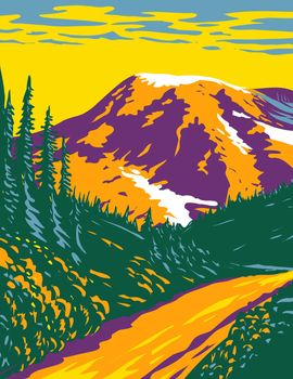 WPA Poster Art of Mount Rainier National Park, an active stratovolcano in the Cascades located in Pierce County and Lewis County in Washington state done in works project administration style.