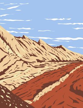 WPA Poster Art of the Jurassic Navajo Sandstone in San Rafael Reef located in Glen Canyon National Recreation Area, Utah done in works project administration style or federal art project style.