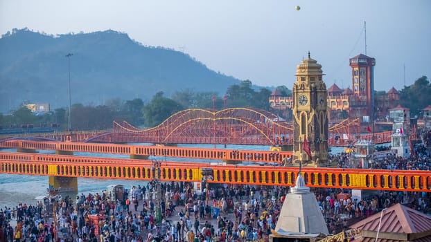 Pilgrims Holy dip in river Ganges, The Home of Pilgrims in India, Kumbh Nagri Haridwar Uttarakhand India.Religious Nagri Haridwar, The Highly visited pilgrimage place in India. City of Holy River Ganga. High quality photo