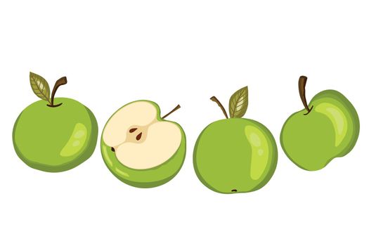 Apple icon set isolated on white background. Natural delicious ripe tasty fruit. Template vector illustration for packaging, banner, card. Stylized green apples with leaves, apple slice. Food concept.