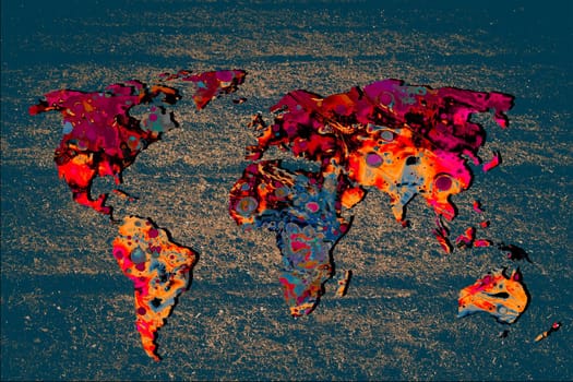 Roughly outlined world map with a colorful background patterns