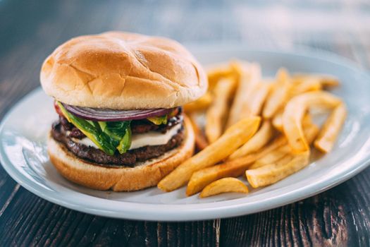 A plate of juicy hamburger and fries