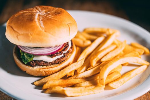 A plate of juicy hamburger and fries