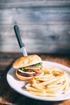 A plate of juicy hamburger and fries