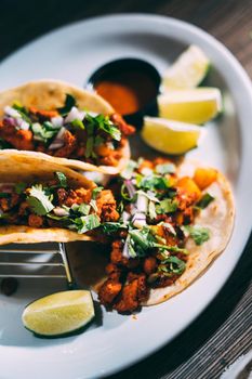 A plate of tacos and tortilla snacks